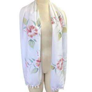 Dancing Gecko Hawaii Scarf Tropical Floral Print Pom pom Trim 148G